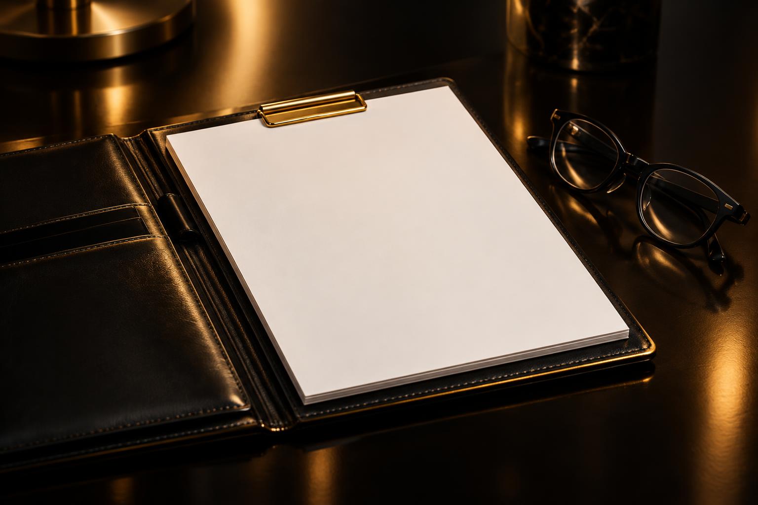 A black leather portfolio with blank forms and glasses on a dark desk