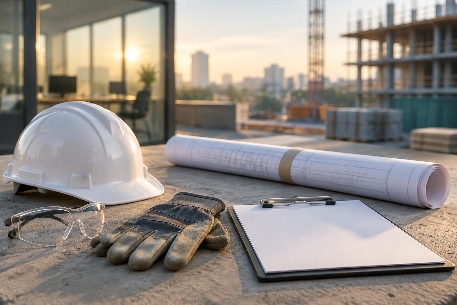 A hard hat, safety glasses, work gloves, and a checklist on a worksite table