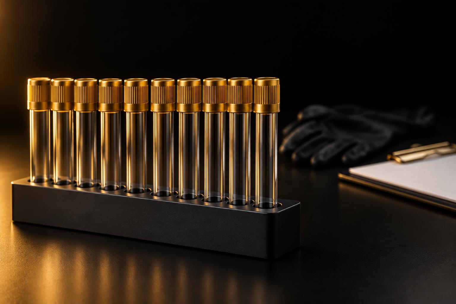 Specimen tubes with gold caps in a dark rack on a black counter, lit warmly from one side