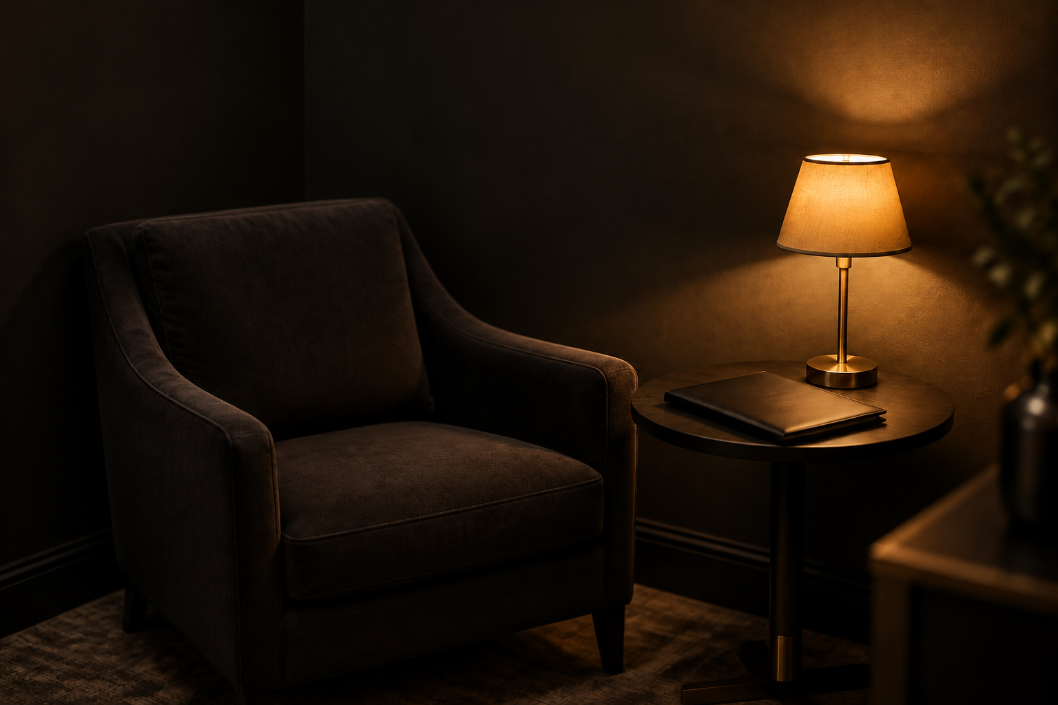 A quiet private room with a dark armchair and a warmly lit side table