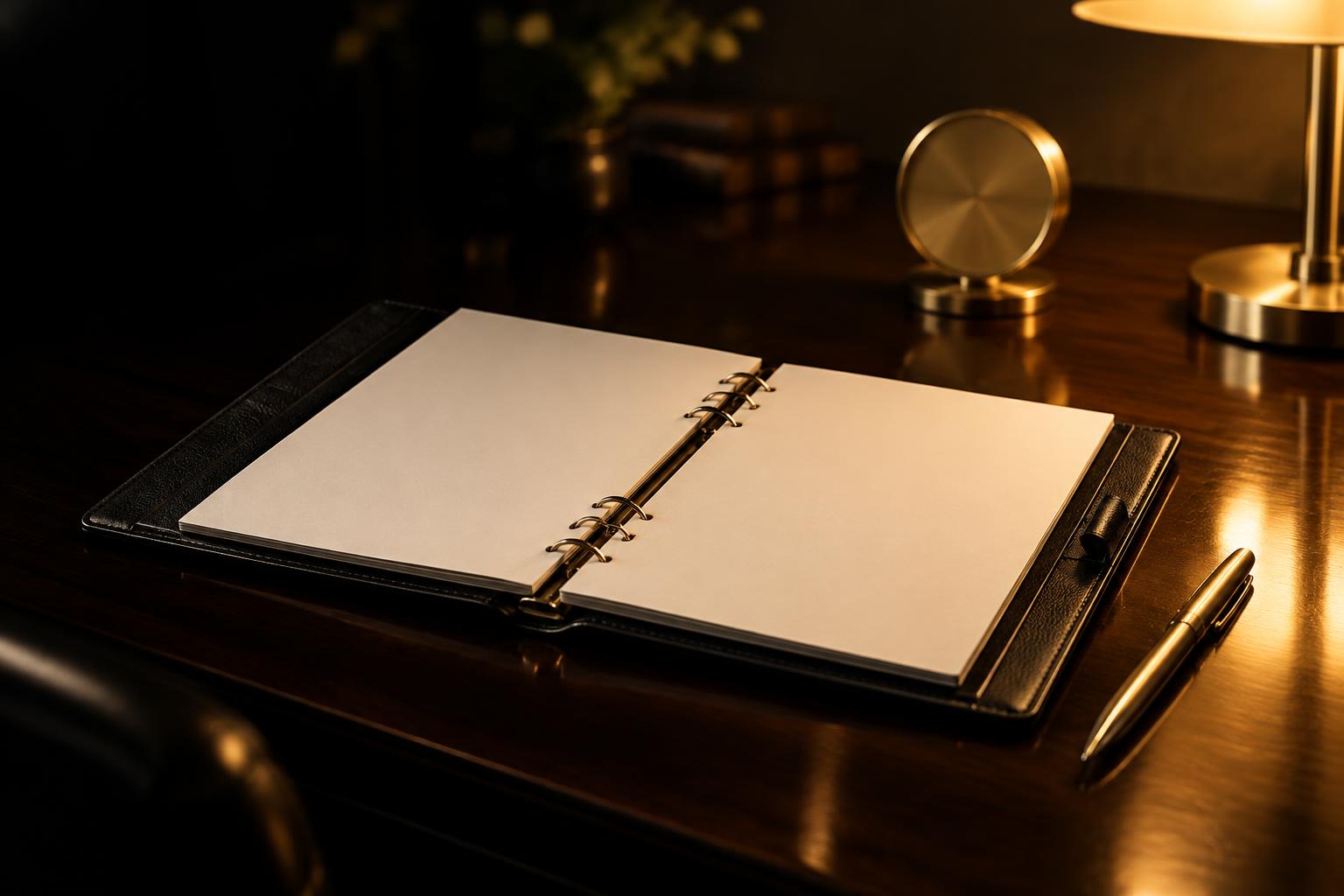A black leather binder open on a dark desk under warm lamp light